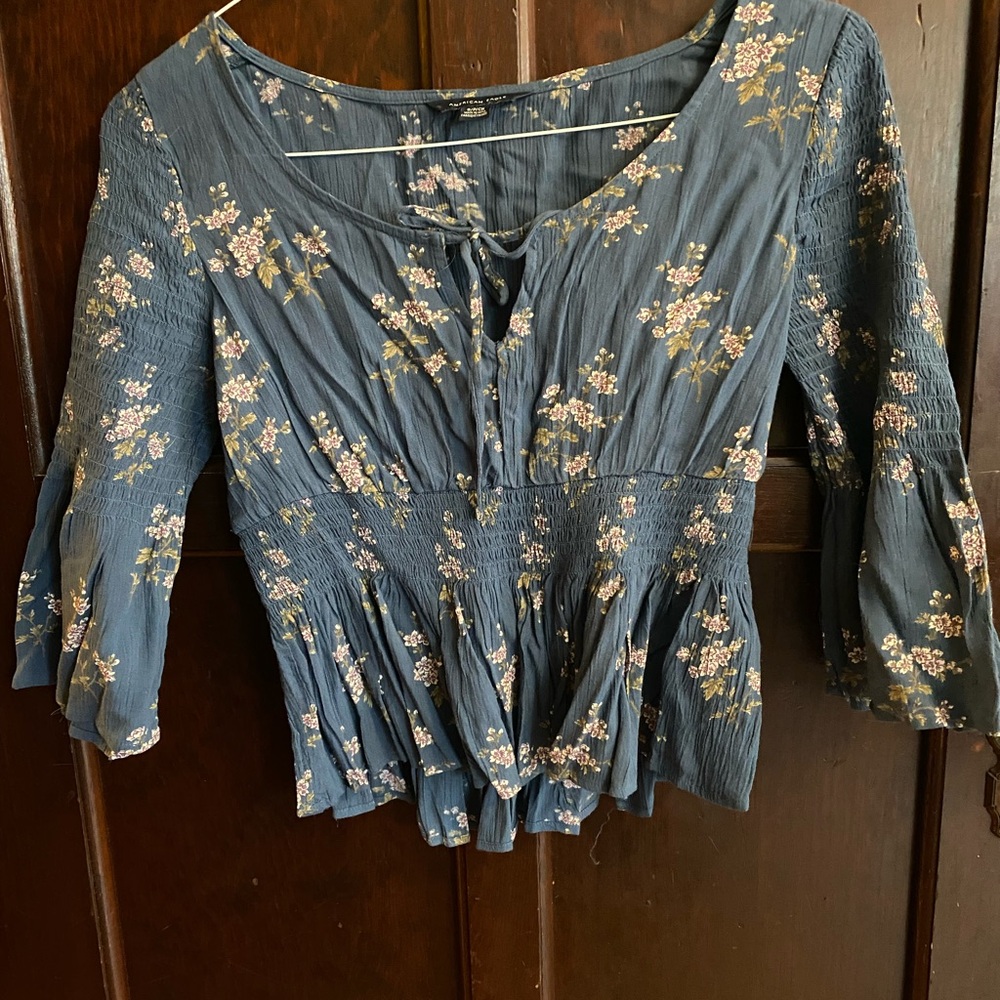 American Eagle Outfitters Blue Tie Front Peplum Blouse